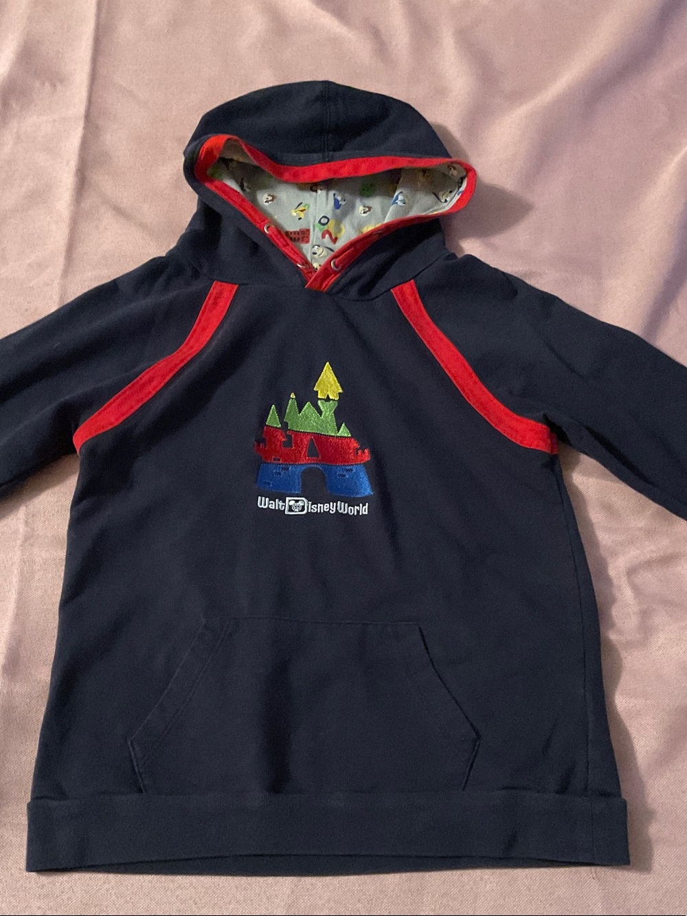 Disney Navy Hooded Pullover with Red Trim and Colorful Castle Embroidery
